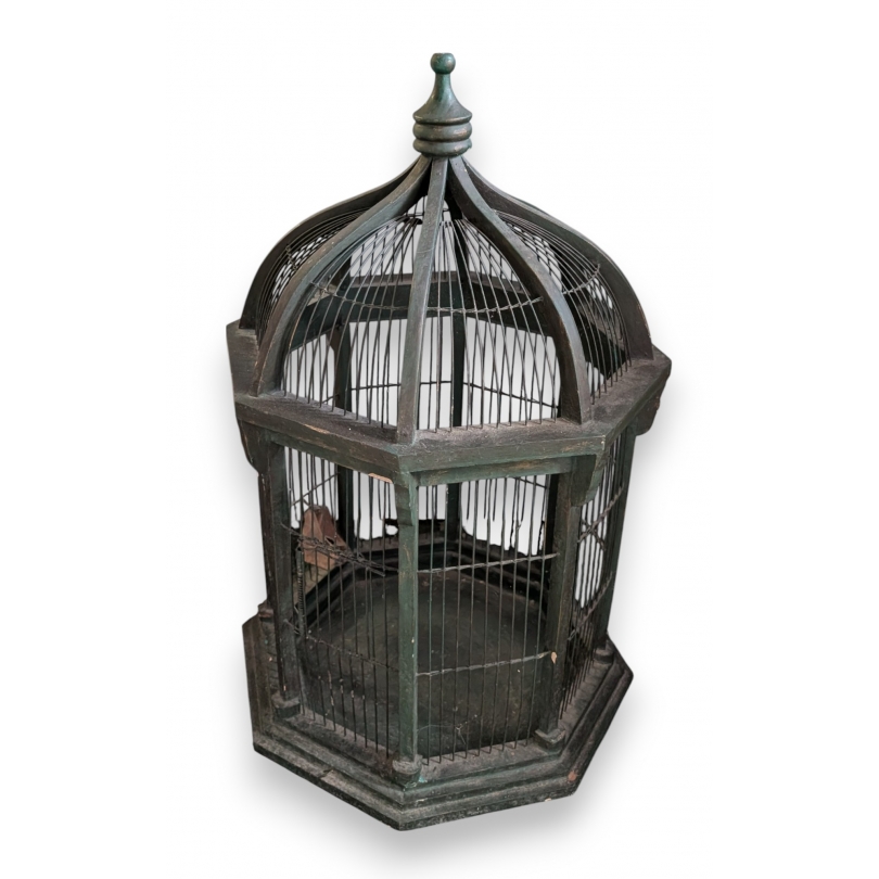 Cage à oiseaux octogonale en bois peint vert