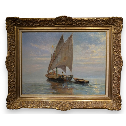 Tableau \"Au large sur le lac\" signé BAUDIT 1927