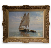 Tableau "Au large sur le lac" signé BAUDIT 1927