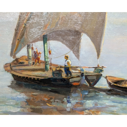 Tableau \"Au large sur le lac\" signé BAUDIT 1927