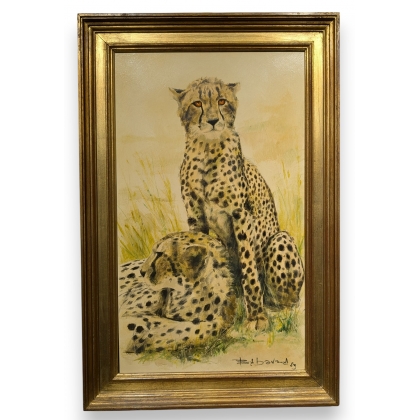 Tableau \"Guépards\" signé B. BAVAUD 83