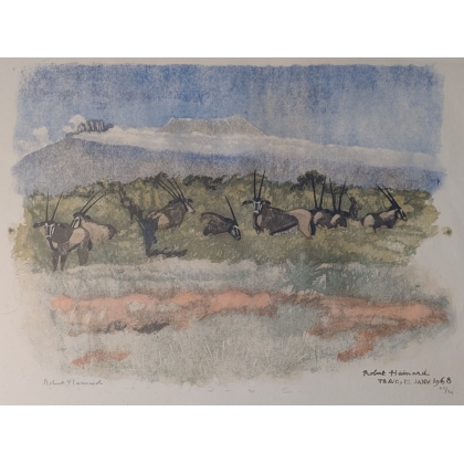 Engraving entitled ‘Herd of Oryx’, signed by Robert HAINARD