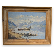 Tableau "Barque sur le Léman" signé G. PEITREQUIN