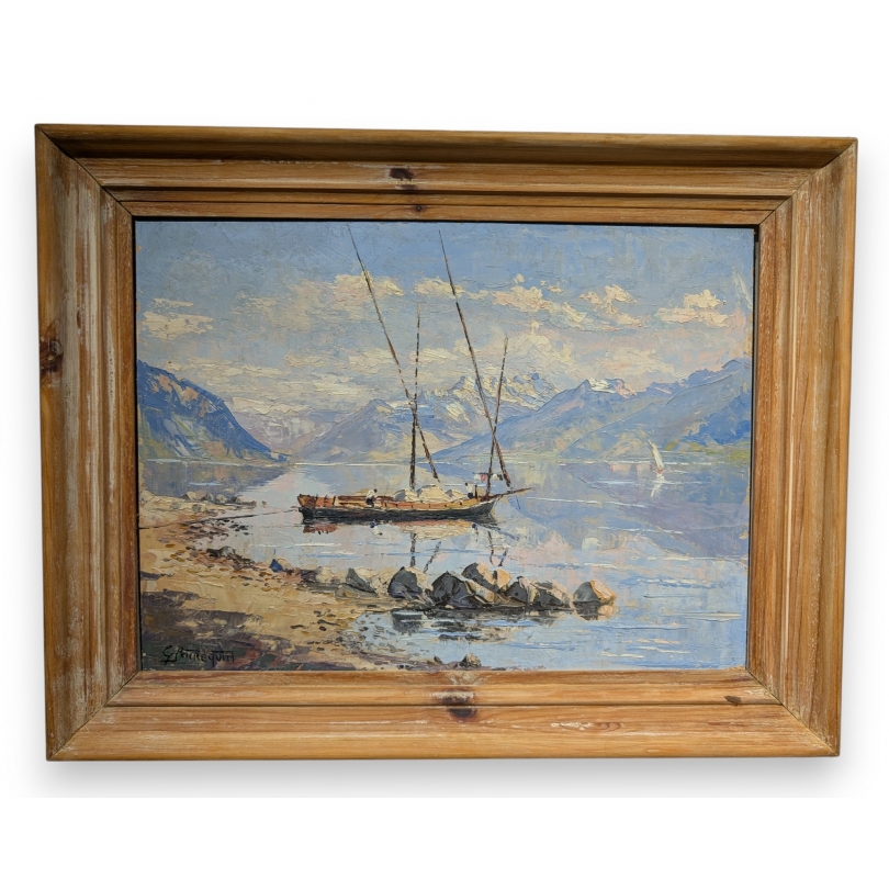 Tableau "Barque sur le Léman" signé G. PEITREQUIN