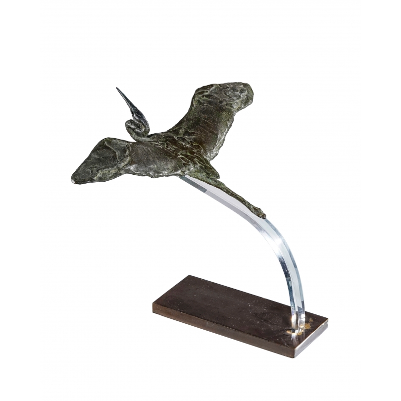 Bronze Héron en vol par Claude DE MUZAC