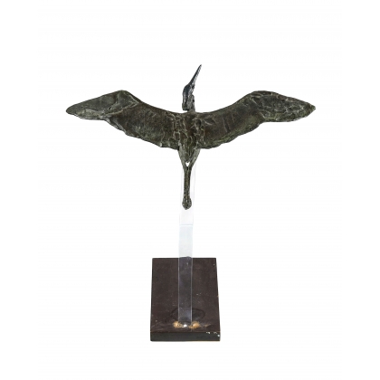 Bronze Héron en vol par Claude DE MUZAC