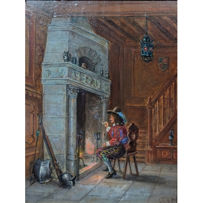 Tableau \"Mousquetaire à la cheminée\" signé ROTH