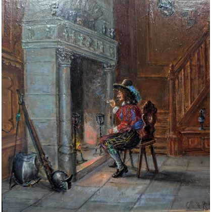 Tableau \"Mousquetaire à la cheminée\" signé ROTH