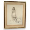 Dessin "Jeune fille et son chien" signé DE PORET