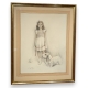 Dessin "Jeune fille et son chien" signé DE PORET