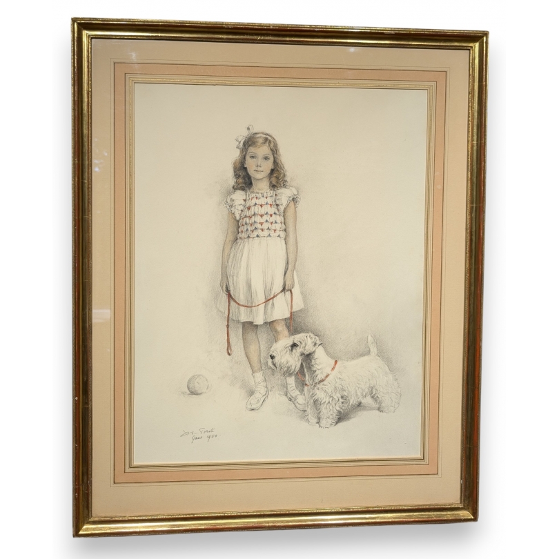 Dessin "Jeune fille et son chien" signé DE PORET