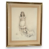 Dessin "Jeune fille et son chien" signé DE PORET