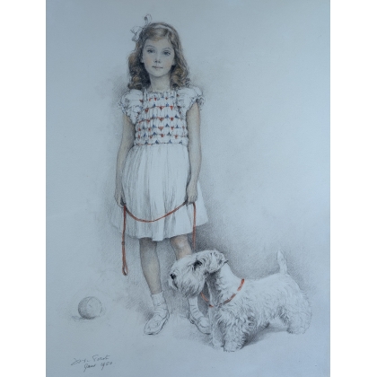 Dessin "Jeune fille et son chien" signé DE PORET
