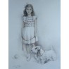Dessin "Jeune fille et son chien" signé DE PORET