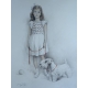 Dessin "Jeune fille et son chien" signé DE PORET