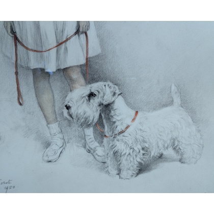 Dessin "Jeune fille et son chien" signé DE PORET