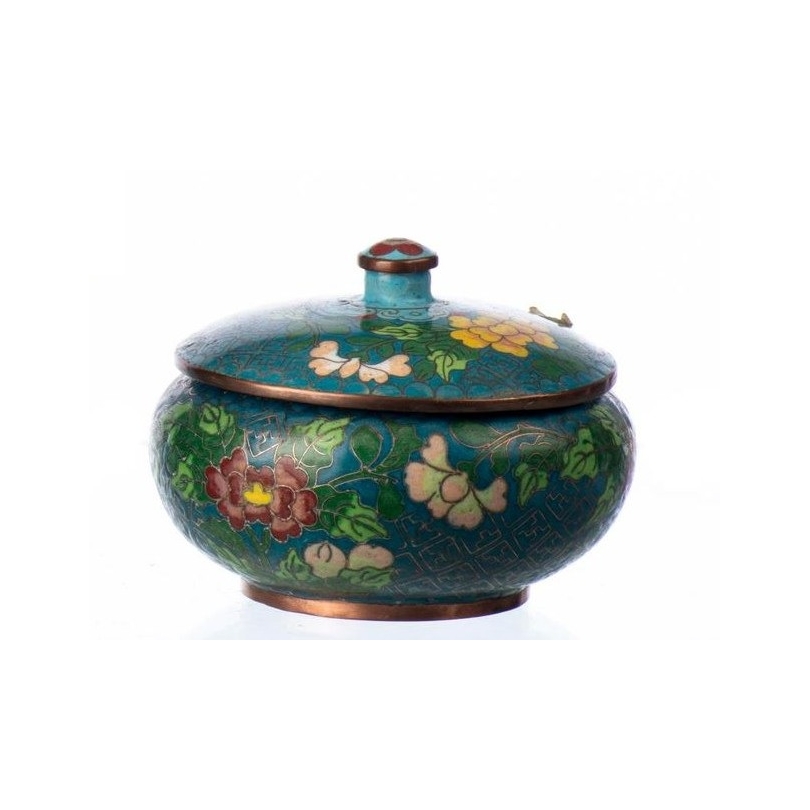 Cloisonné enamel box with flowers, blue background