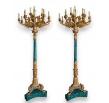 Paire de candelabres en bronze et malachite