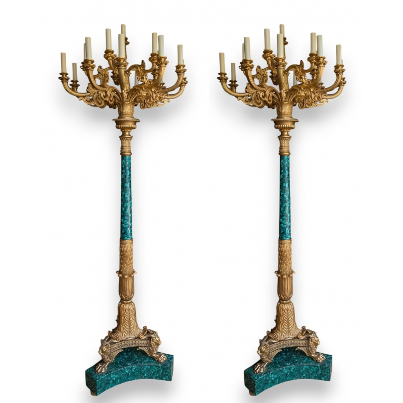 Paire de candelabres en bronze et malachite