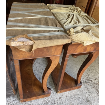 Pair of walnut side tables with lion’s paw legs
