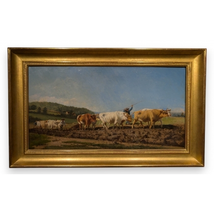 Tableau \"Attelage de Boeufs\", signé PELLETIER.