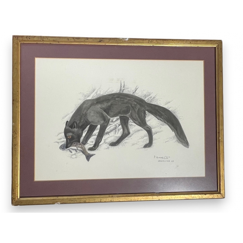 Encre de Chine "Loup et saumon" signée G. BRESSLER