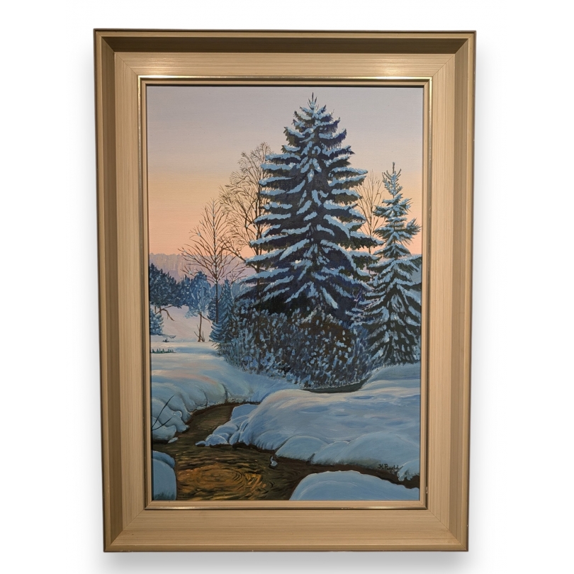 Tableau \"Sapin sous la neige\" signé H. RUDD 69