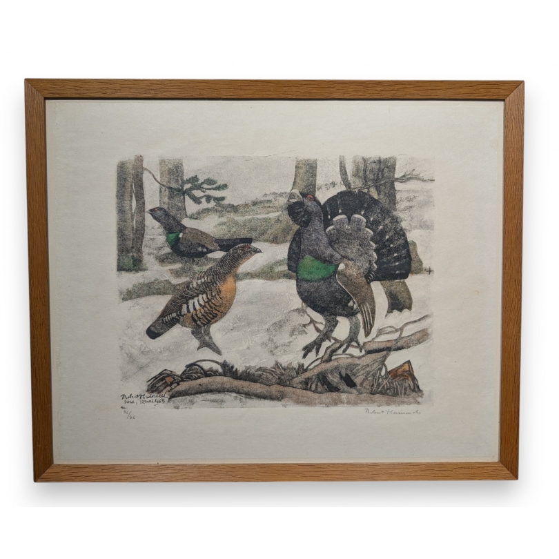 Engraving entitled ‘Rooster, Hen and Young Rooster’, signed HAINARD