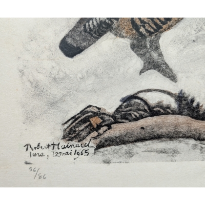 Engraving entitled ‘Rooster, Hen and Young Rooster’, signed HAINARD