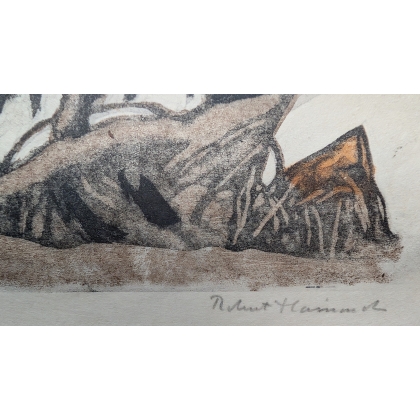 Engraving entitled ‘Rooster, Hen and Young Rooster’, signed HAINARD