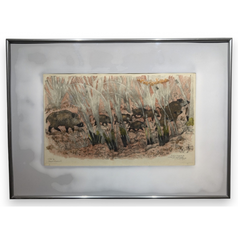 Gravure "Sangliers", signée Robert HAINARD