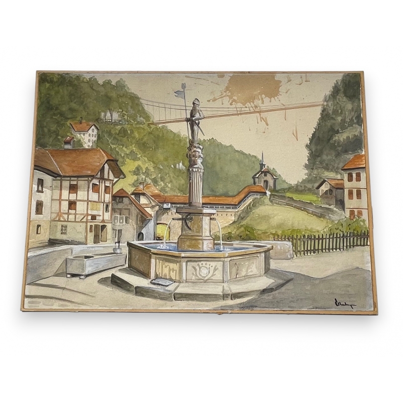 Aquarelle "Fontaine de la Fidélité" signée