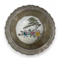 Bol en porcelaine chinoise, bordure argentée