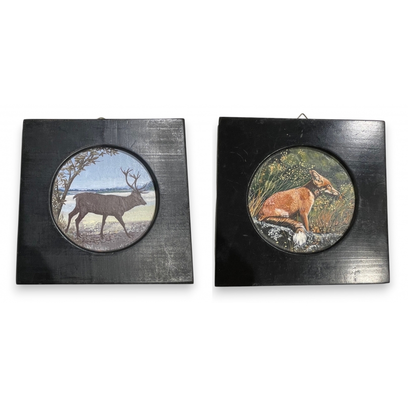 Paire de petits tableaux ronds Cerf et Renard