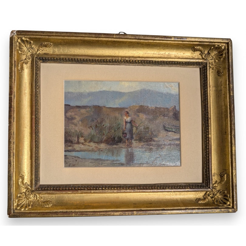 Tableau \"La lavandière\" signé FW