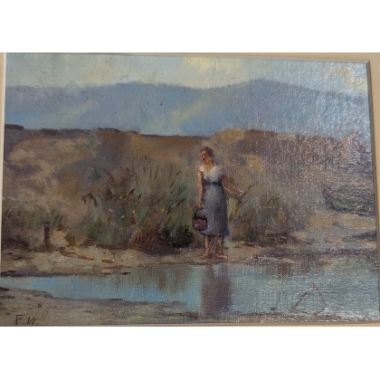Tableau \"La lavandière\" signé FW