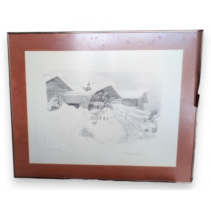 Engraving entitled ‘Chalets in the Snow’, signed COSANDEY
