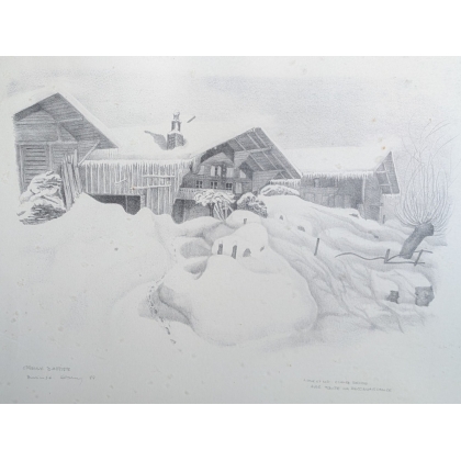 Engraving entitled ‘Chalets in the Snow’, signed COSANDEY