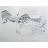 Engraving entitled ‘Chalets in the Snow’, signed COSANDEY