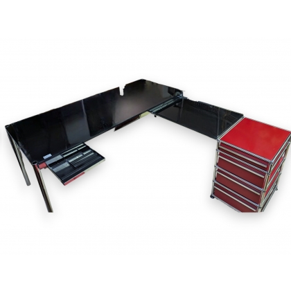 Bureau d'angle USM verre et caisson rouge