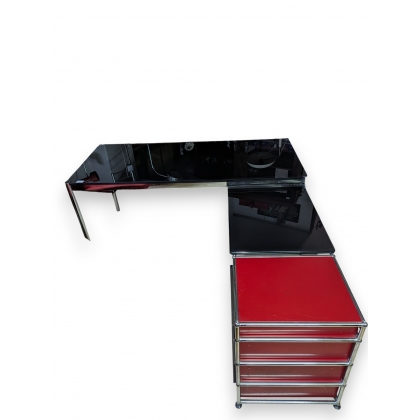 Bureau d'angle USM verre et caisson rouge