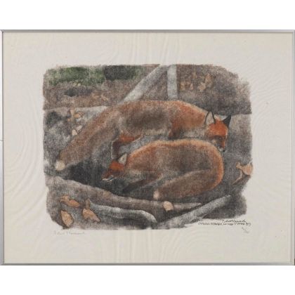 Engraving entitled ‘Two Foxes’, signed by Robert HAINARD