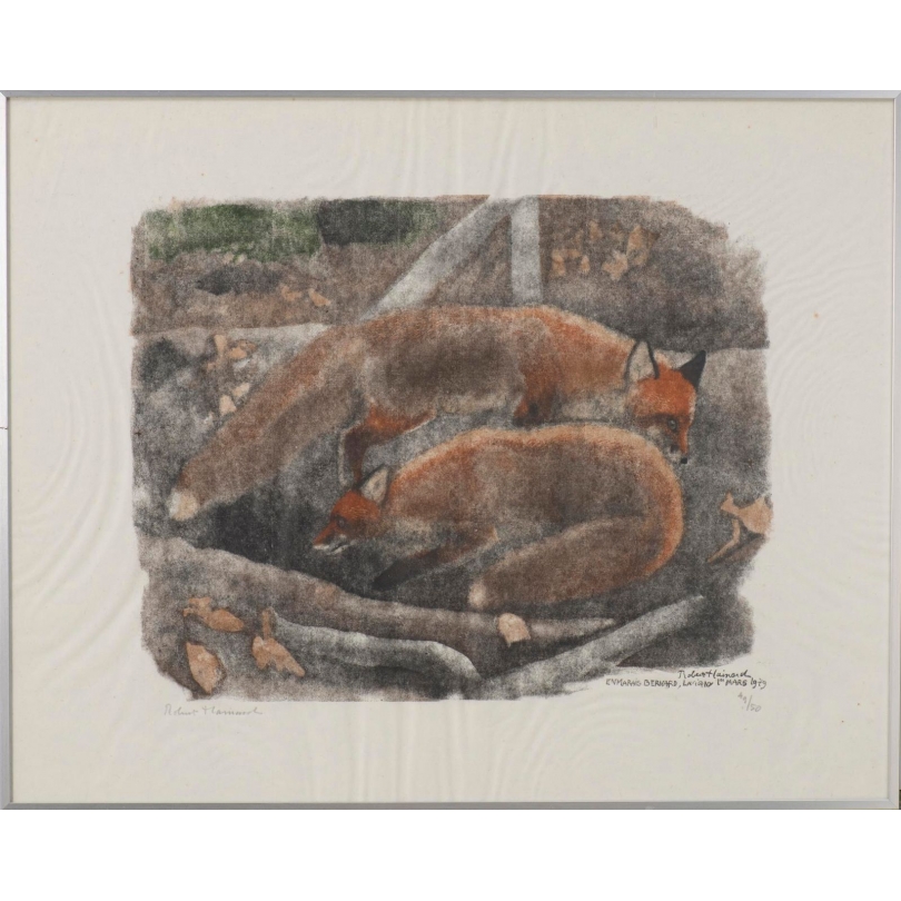 Engraving entitled ‘Two Foxes’, signed by Robert HAINARD