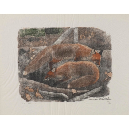 Engraving entitled ‘Two Foxes’, signed by Robert HAINARD