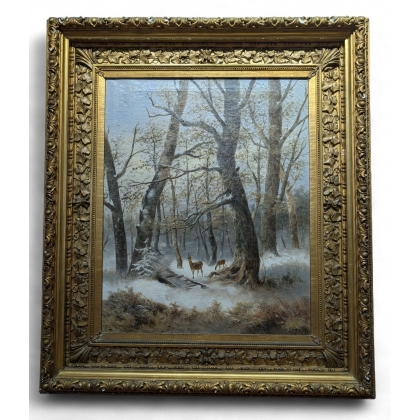 Tableau \"Chevreuils sous la neige\" signé L. VACANO