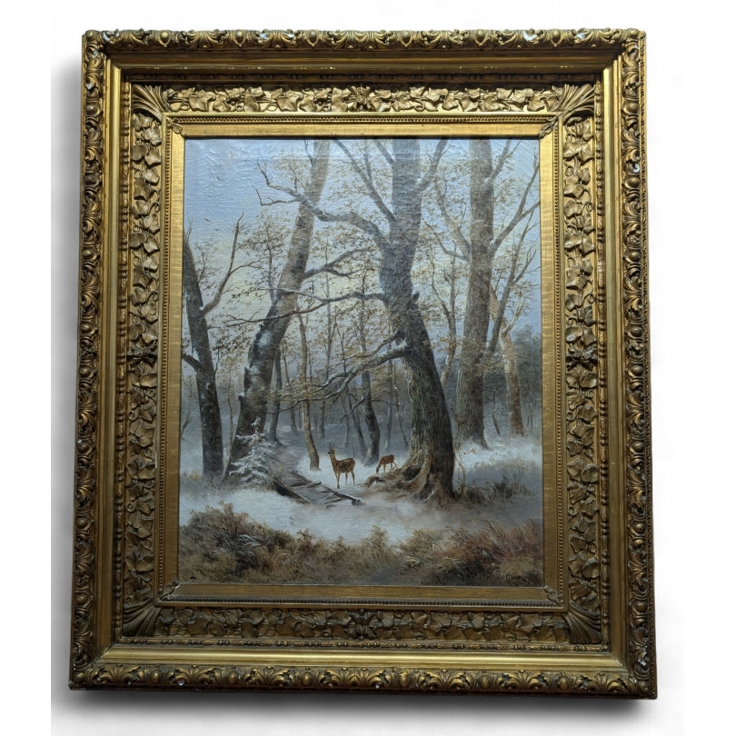 Tableau \"Chevreuils sous la neige\" signé L. VACANO