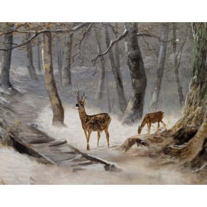 Tableau \"Chevreuils sous la neige\" signé L. VACANO