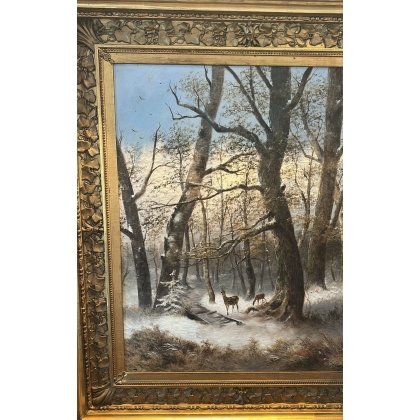 Tableau \"Chevreuils sous la neige\" signé L. VACANO