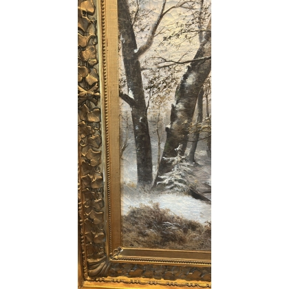 Tableau \"Chevreuils sous la neige\" signé L. VACANO