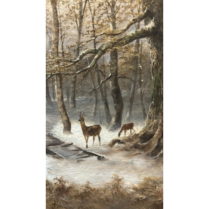 Tableau \"Chevreuils sous la neige\" signé L. VACANO